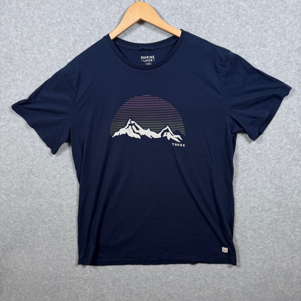 Marine Layer Tahoe Mountain Graphic T-Shirt Navy Blue Mens Large Cotton Tencel